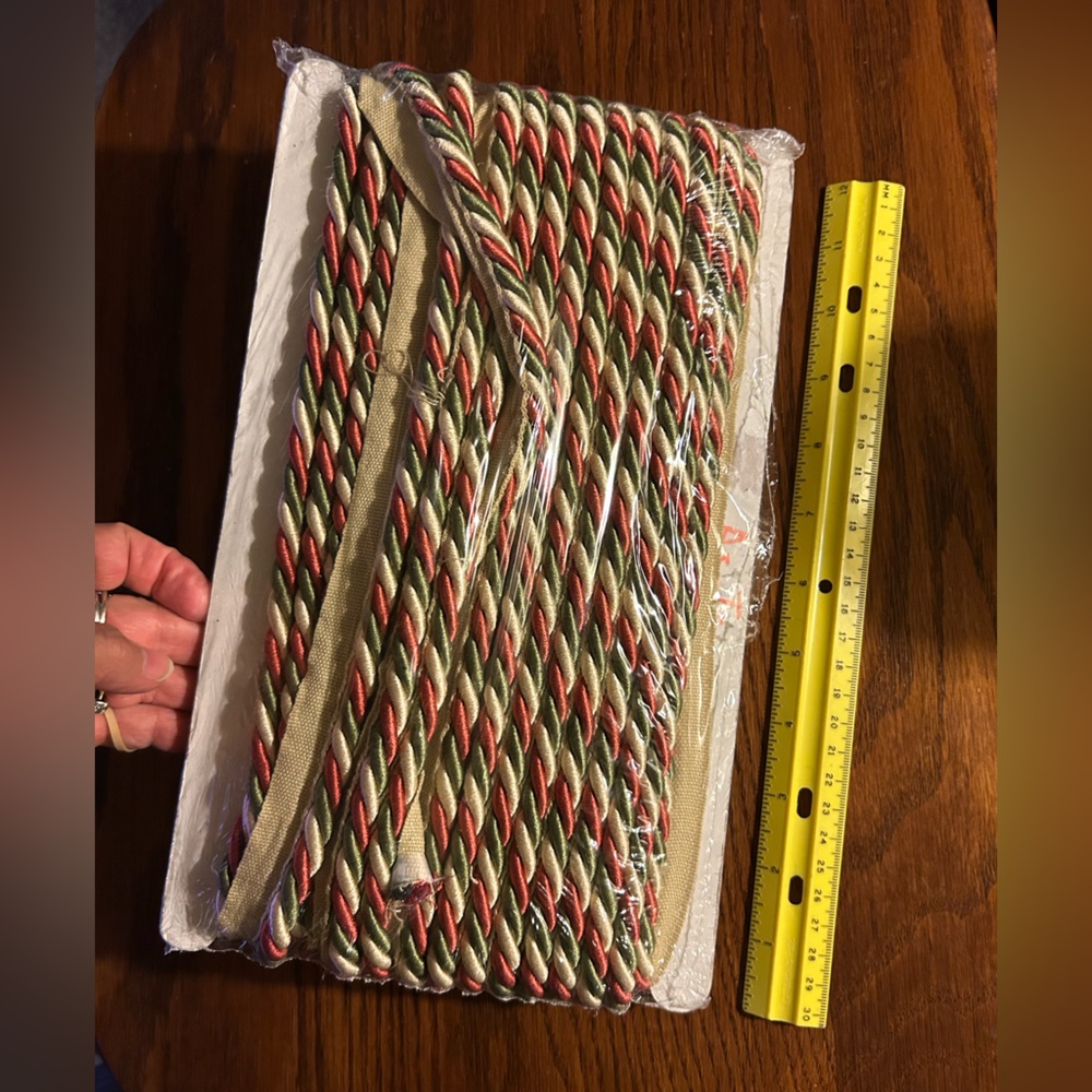 Hobby Lobby #497958 Cran, Cream & Green “Lip Cord”, unopened pkg, 18 yds x3/8”.